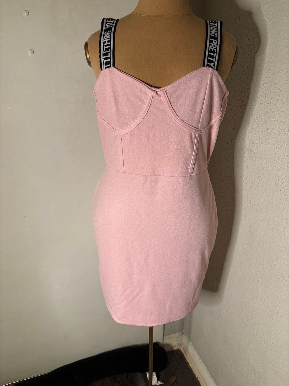 PRETTYLITTLETHING Pink Bodycon Corset Sheath Dress Logo Detail 14 Casual Barbie